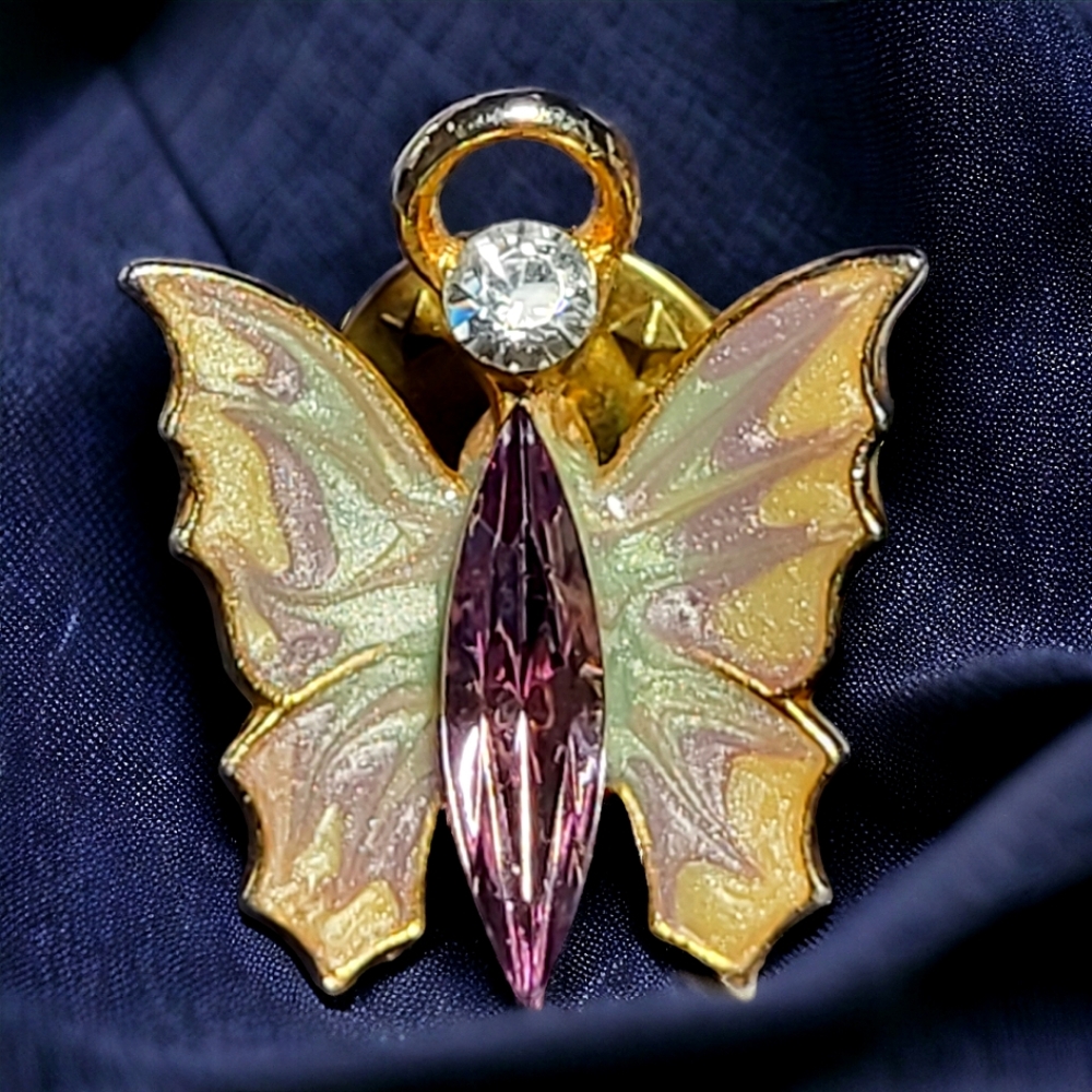 Vintage Guardian  Angel Butterfly Lapel Pinback Pin Gold Tone Rhinestone Enamel